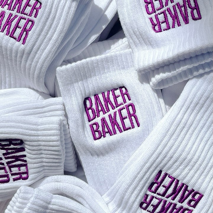 White Baker Baker socks embroidered in purple